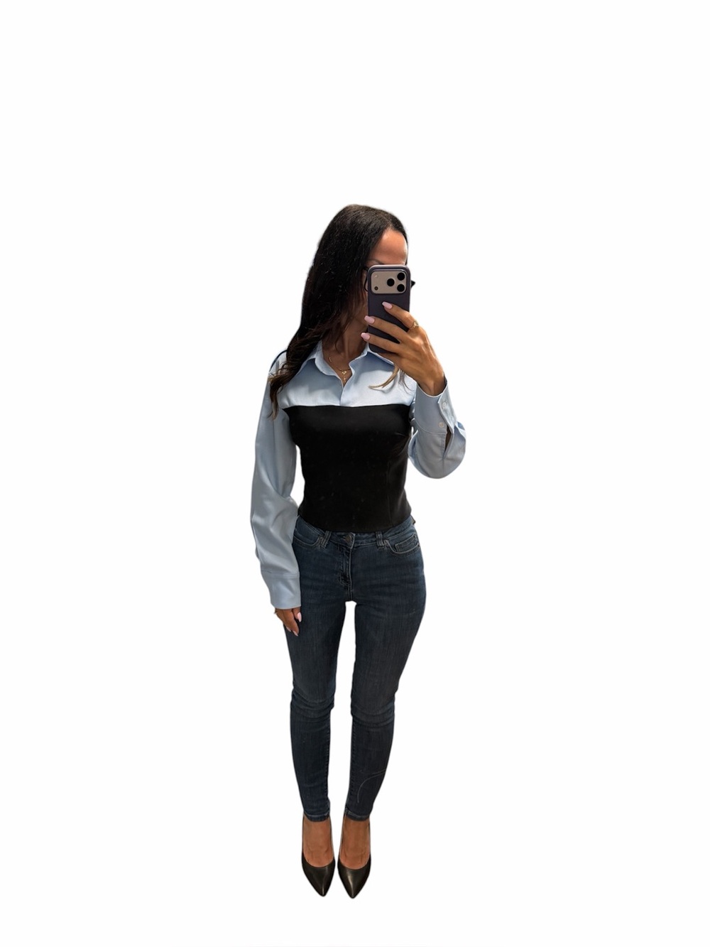 Commense Two-Tone Light Blue and Black Long Sleeve Top - Picture 2 of 2